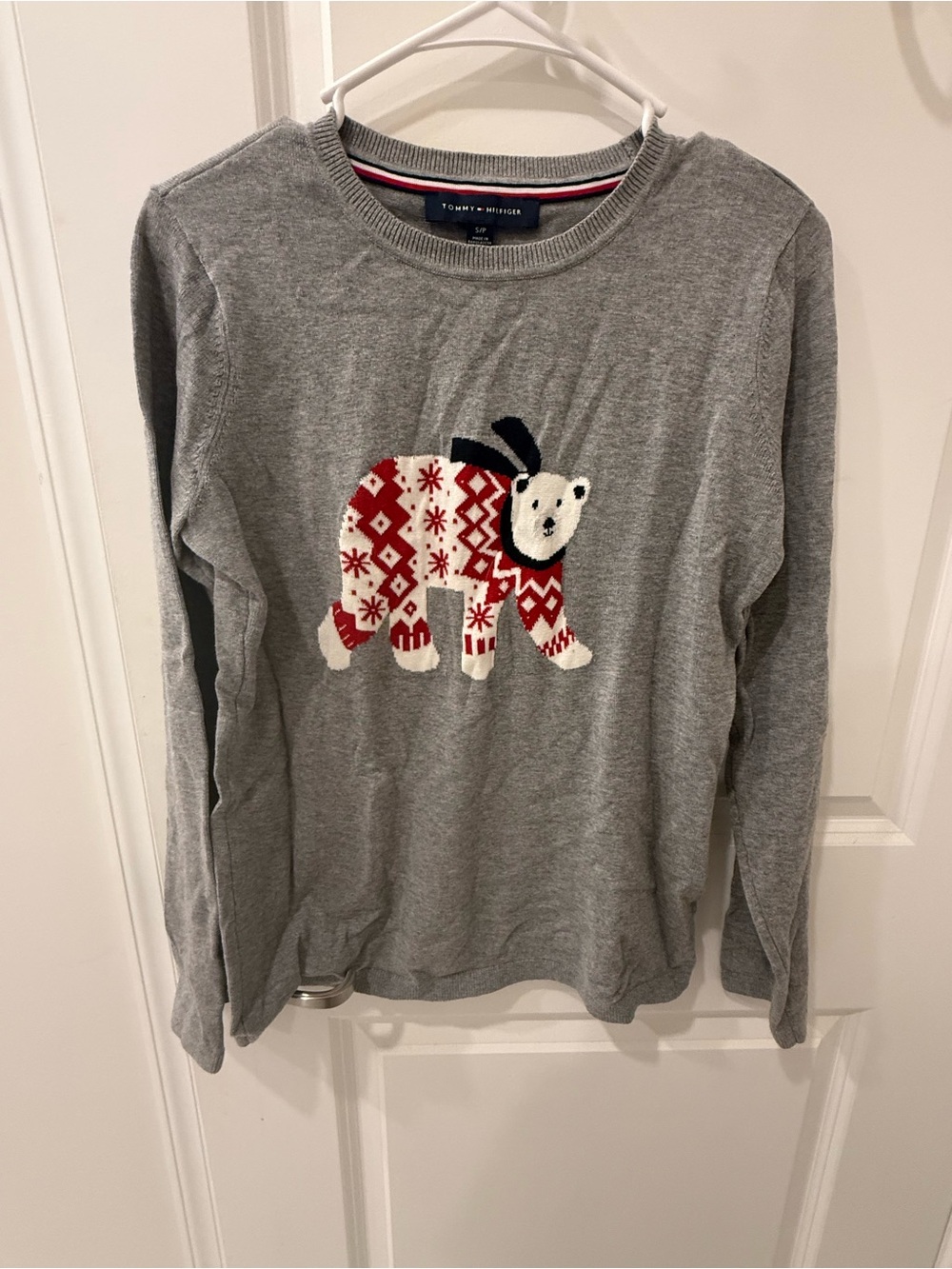 Tommy Hilfiger Gray Sweater with Festive Red & White Bear